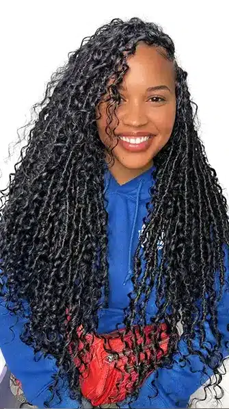 Natural curly faux locs braids made with 100% human hair, soft natural texture, protective hairstyle for women