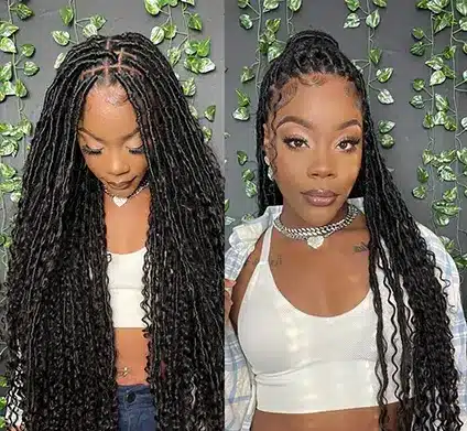 Pack of pre‑looped crochet boho locs for box braids styles, labeled strands for easy installation